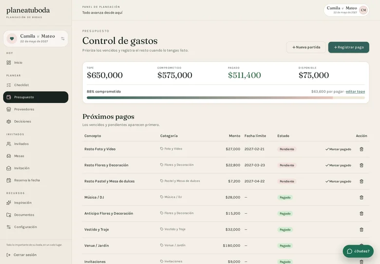 planeatuboda: control de gastos y próximos pagos